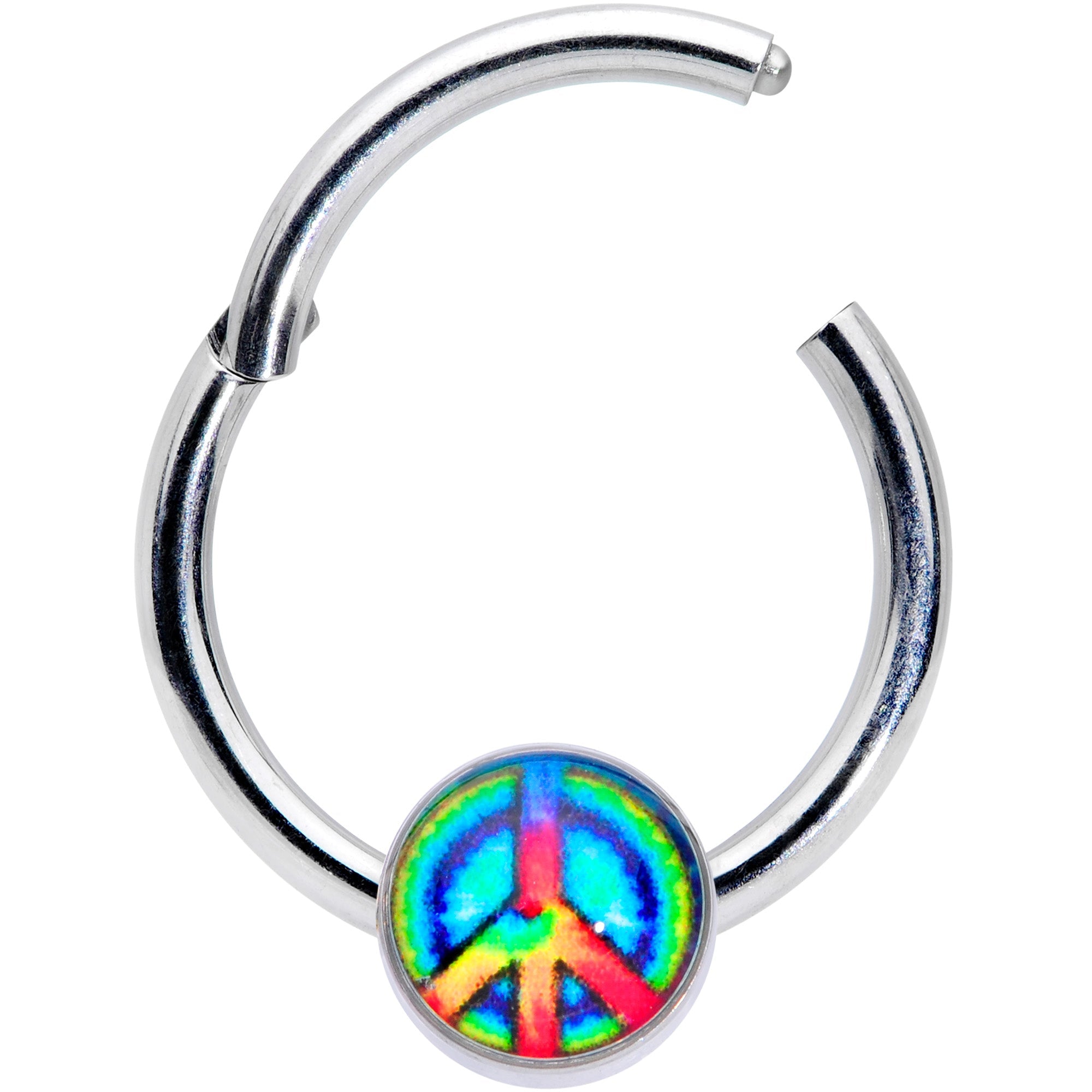 16G 3/8 Rainbow Tie Dye Peace Sign Hinged Segment Ring