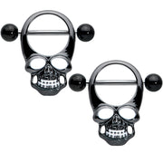 14G 1/2 Black Grinning Skull Nipple Shield Set
