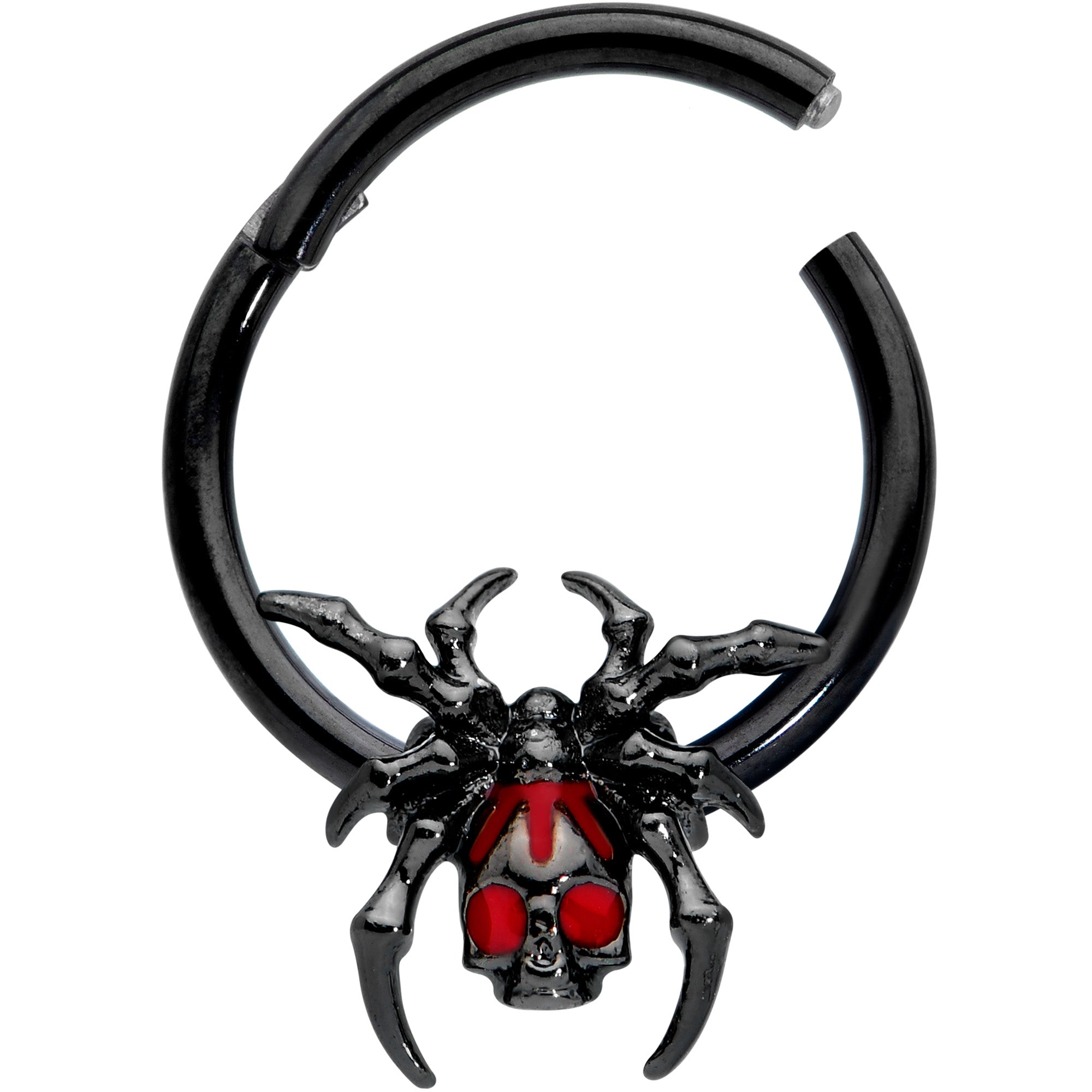 16G 3/8 Red Gem Black Spider Skull Halloween Hinged Segment Ring
