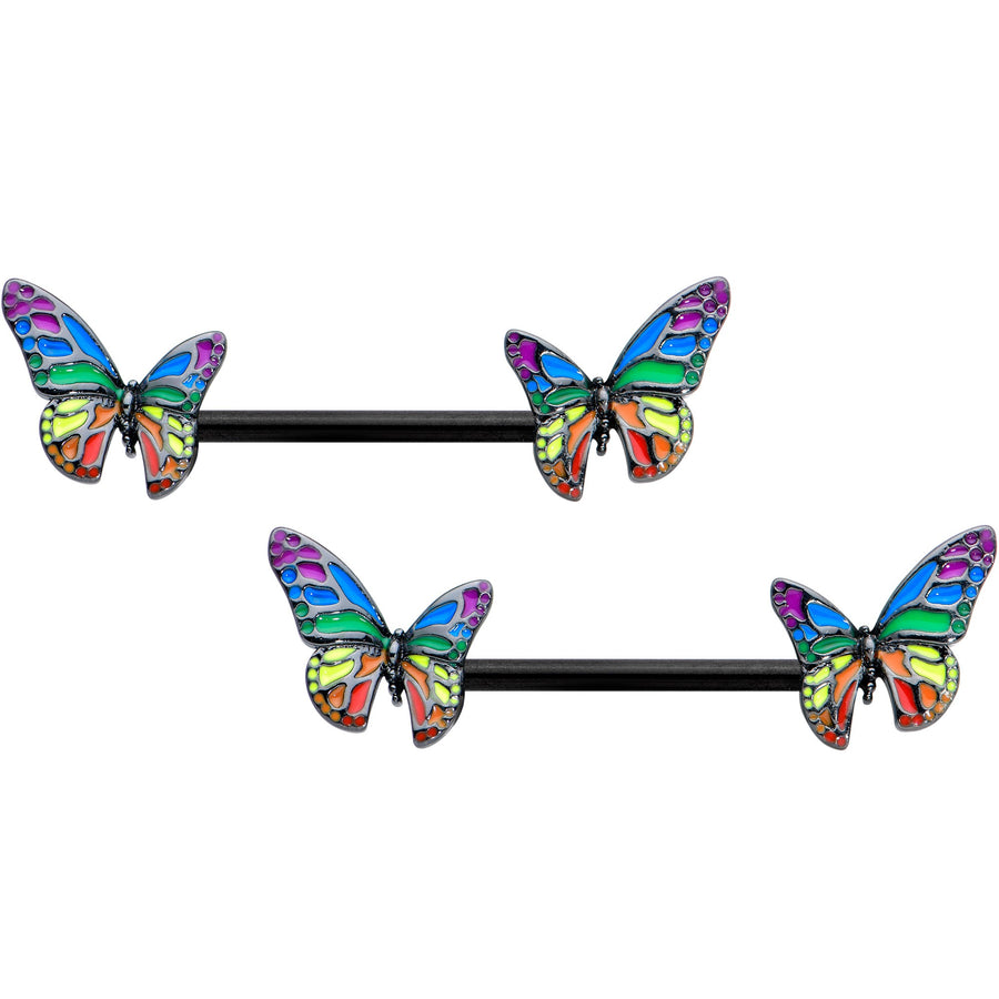 14G 9/16 Black Rainbow Pride Butterfly Barbell Nipple Ring Set