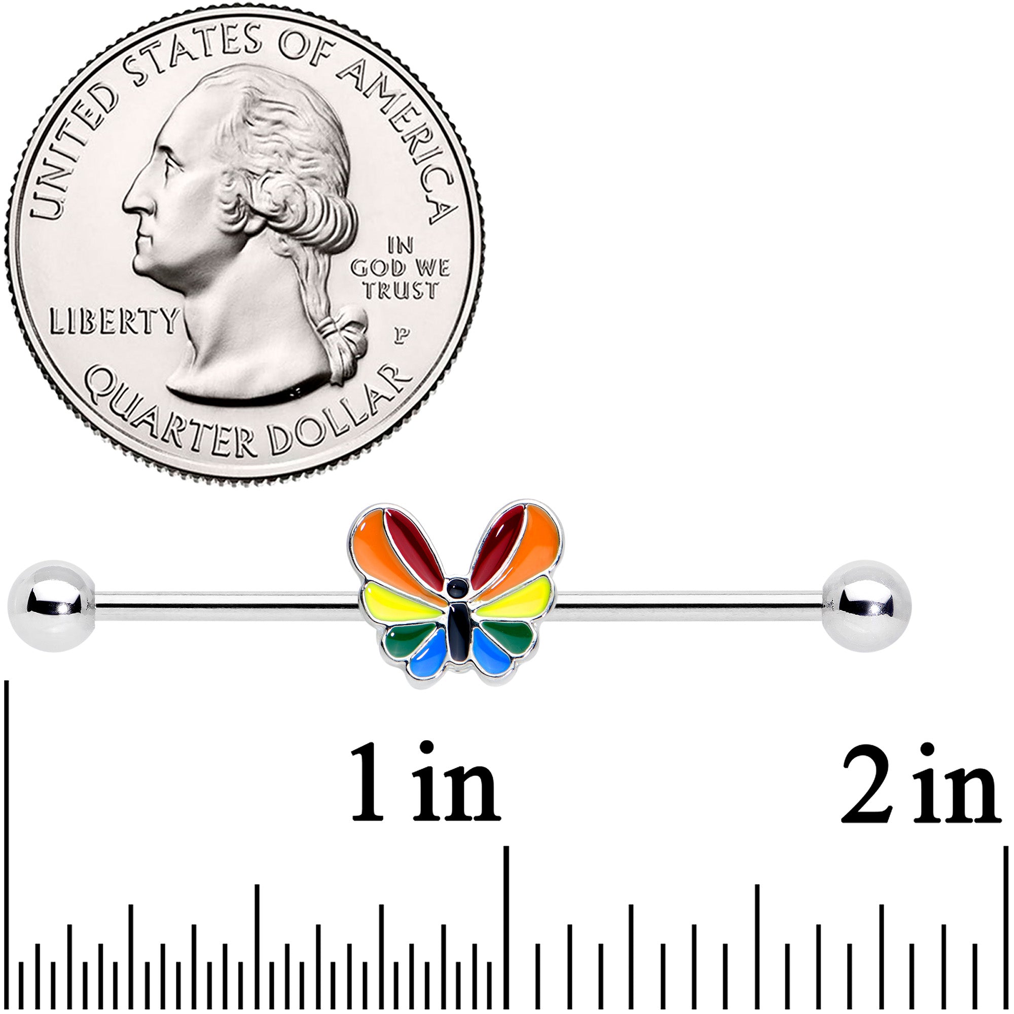 14G Pride Rainbow Stripes Butterfly Industrial Barbell 38mm