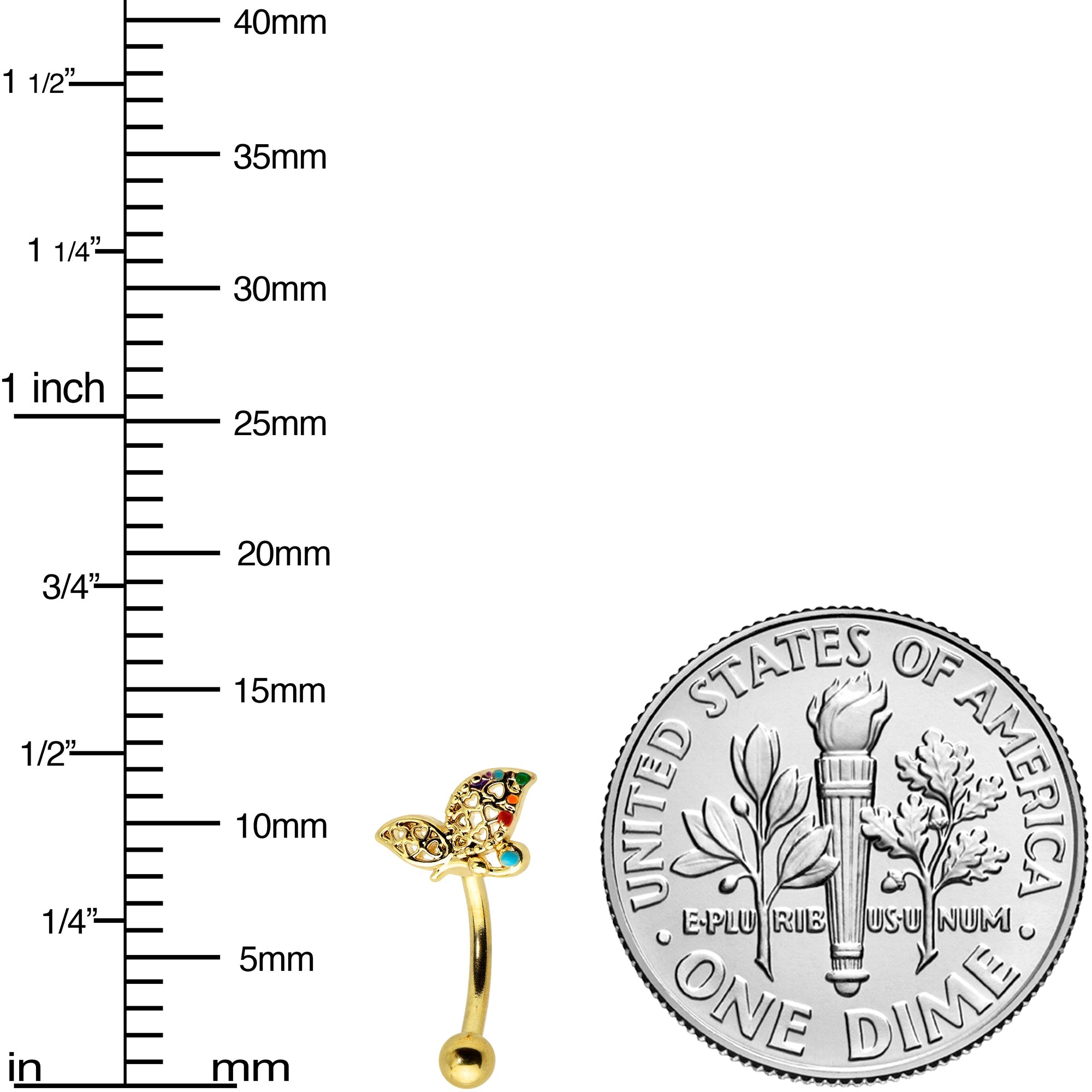 16G 5/16 Clear CZ Gem Gold Hue Heart Butterfly Curve Eyebrow Ring