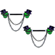 14G Green Top Hat Skull Halloween Dangle Nipple Ring Set