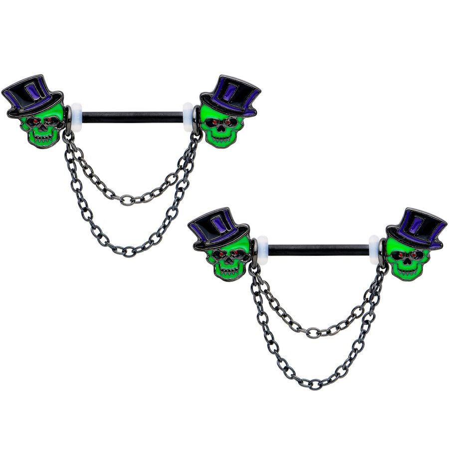 14G Green Top Hat Skull Halloween Dangle Nipple Ring Set