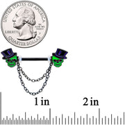 14G Green Top Hat Skull Halloween Dangle Nipple Ring Set
