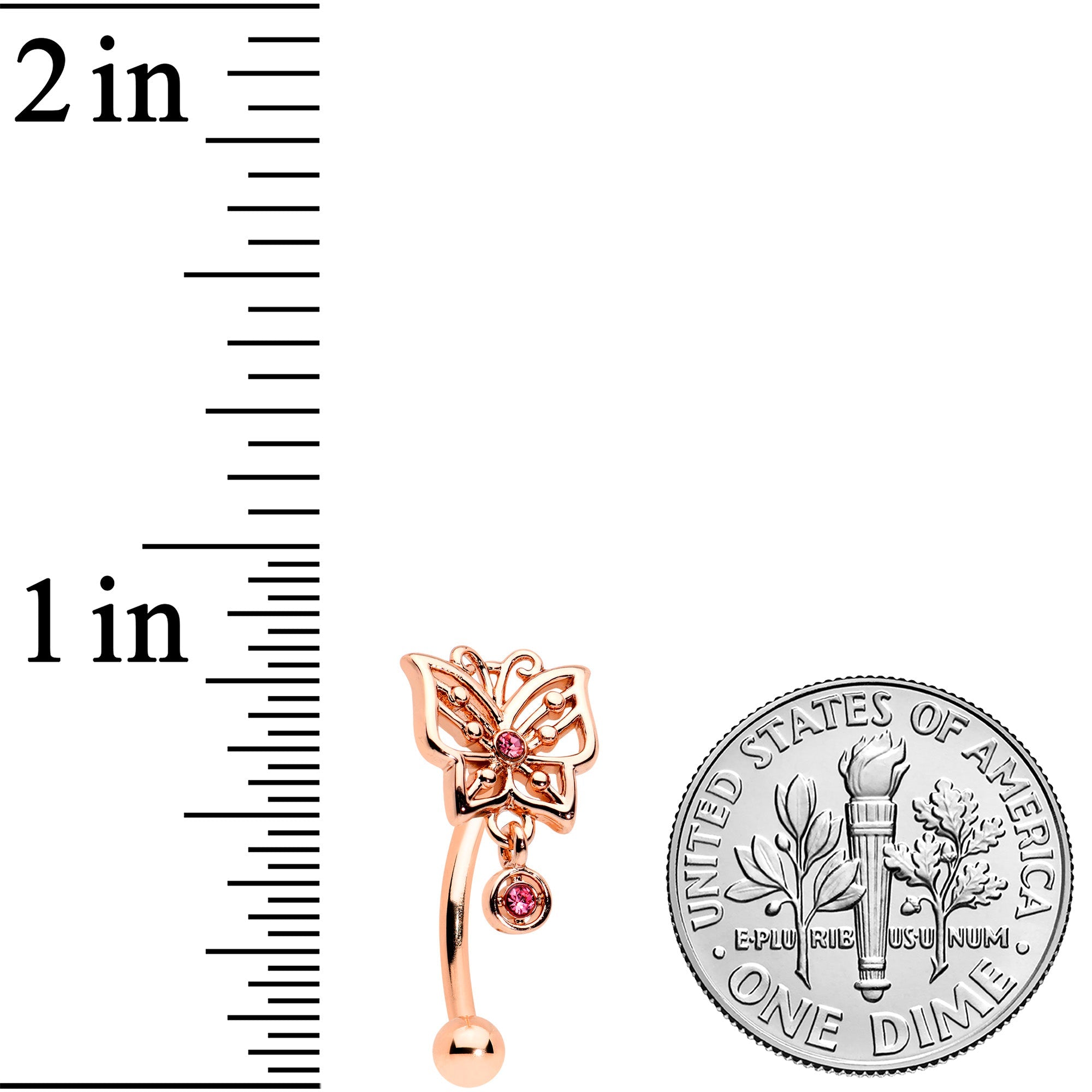 16G 5/16 Pink CZ Gem Rose Gold Tone Butterfly Curved Eyebrow Ring