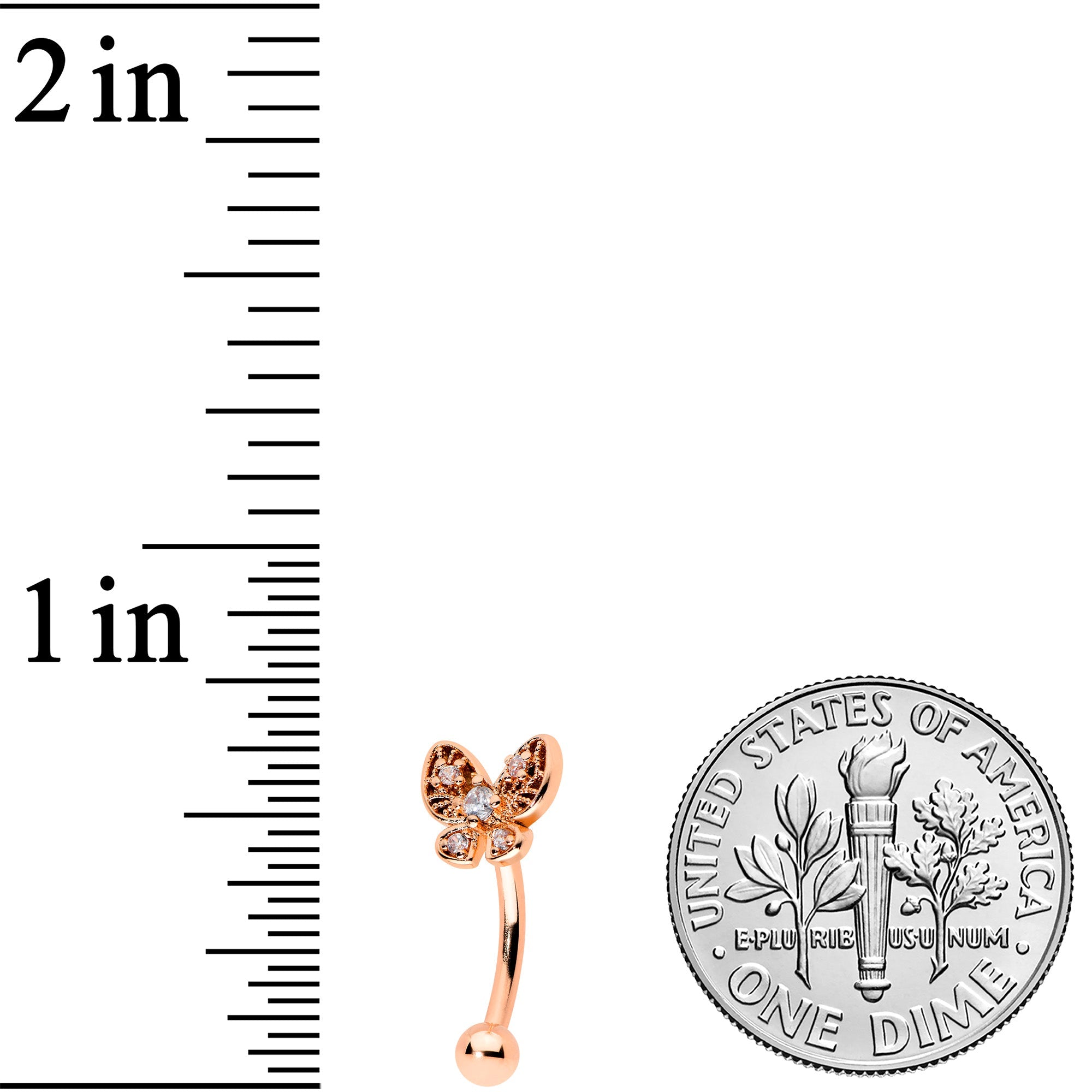 16G 5/16 Clear Gem Rose Gold Tone Butterfly Curved Eyebrow Ring