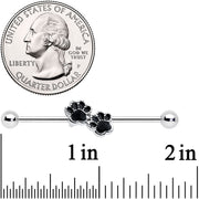 14G Textured Black Paw Prints Industrial Barbell 38mm