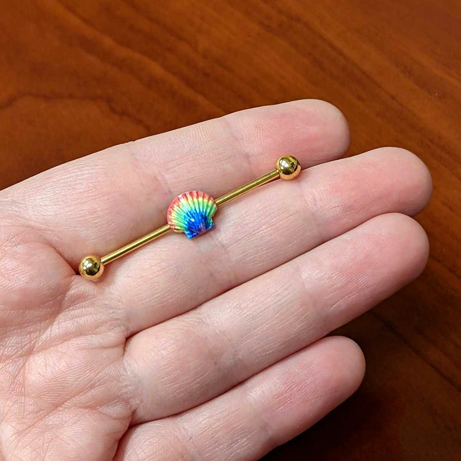 14G Gold Tone Rainbow Scallop Shell Industrial Barbell 38mm