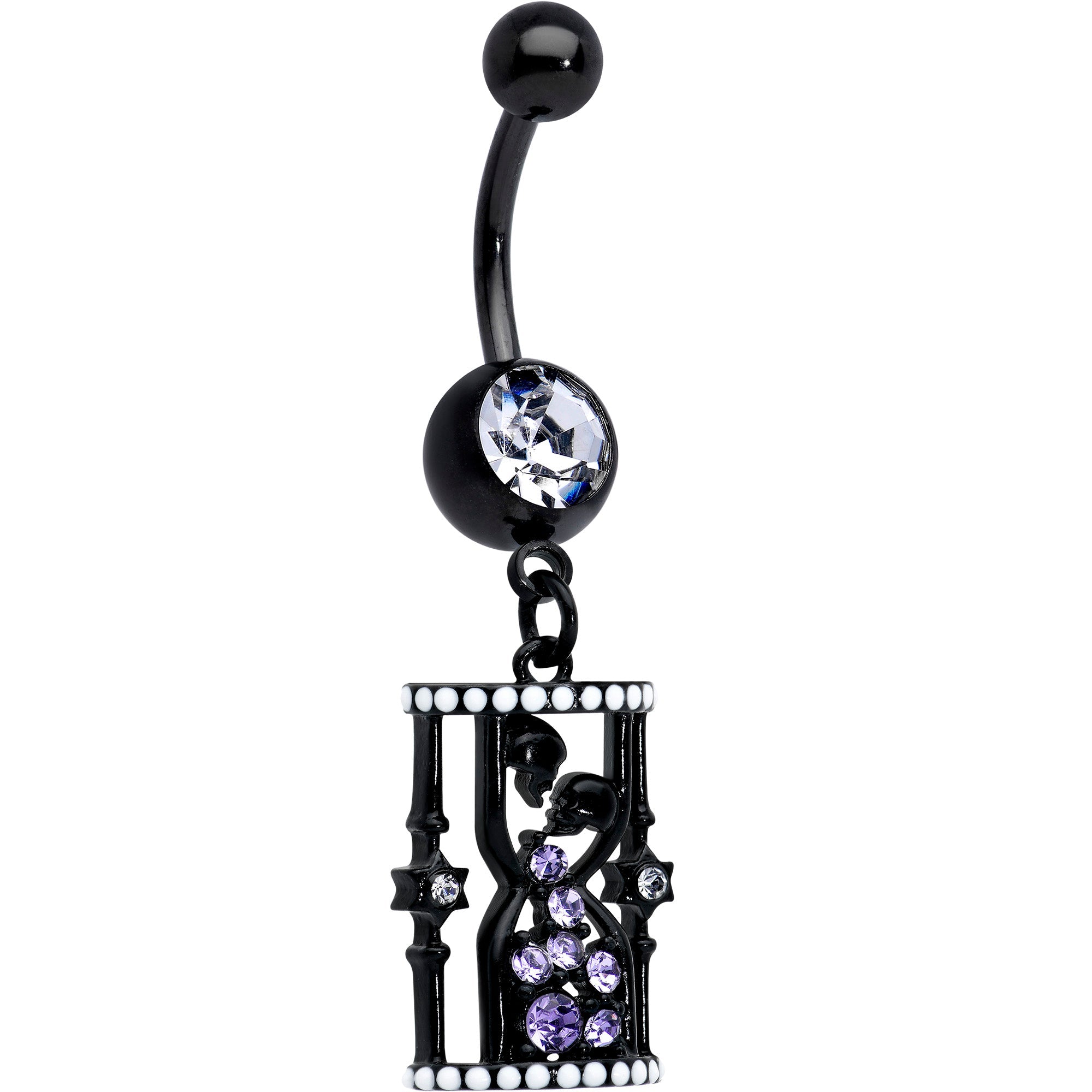 Clear Purple Gem Black Gothic Skull Hourglass Dangle Belly Ring