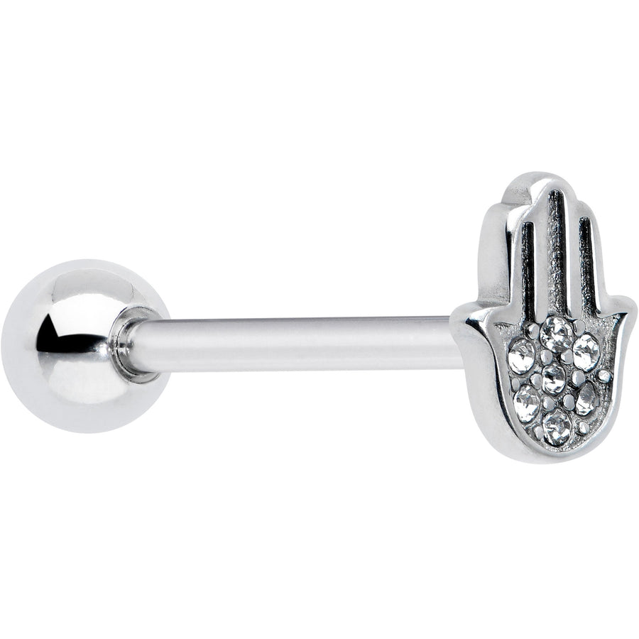Clear CZ Gem Understated Hamsa Hand Barbell Tongue Ring