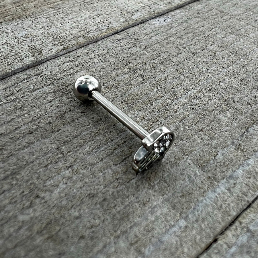 Clear CZ Gem Understated Hamsa Hand Barbell Tongue Ring
