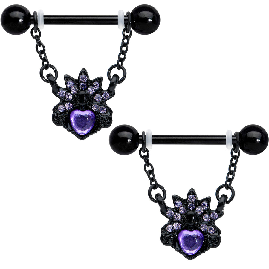14G 9/16 Purple Gem Black Skull Blossom Dangle Nipple Ring Set