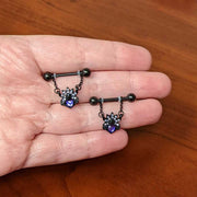 14G 9/16 Purple Gem Black Skull Blossom Dangle Nipple Ring Set
