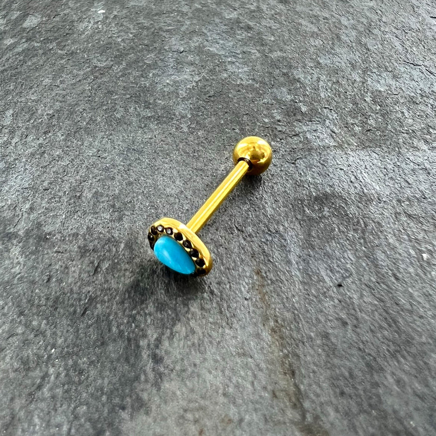 Gold Tone Southwestern Style Blue Drop Barbell Tongue Ring