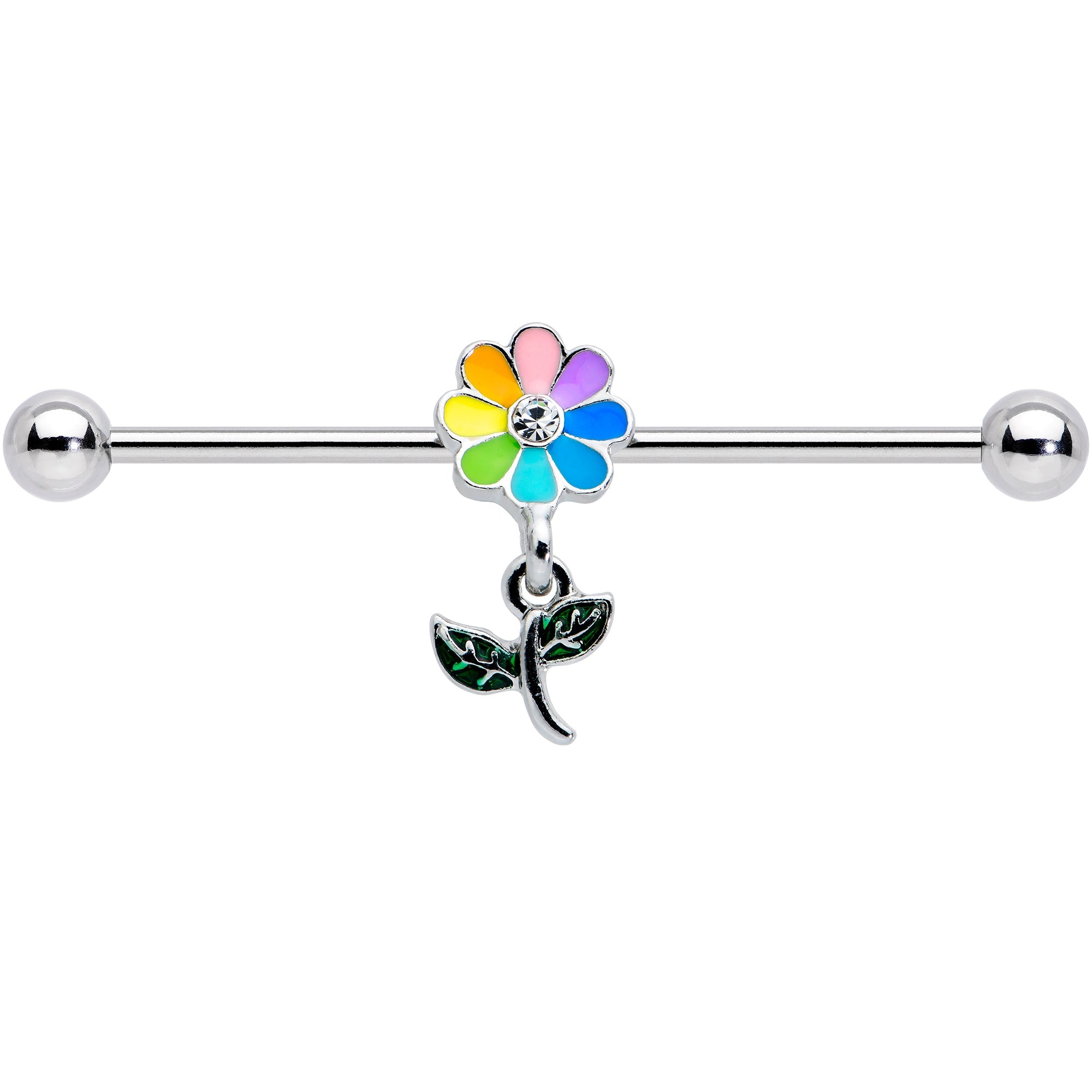 14G Clear Gem Pride Rainbow Flower Dangle Industrial Barbell 38mm