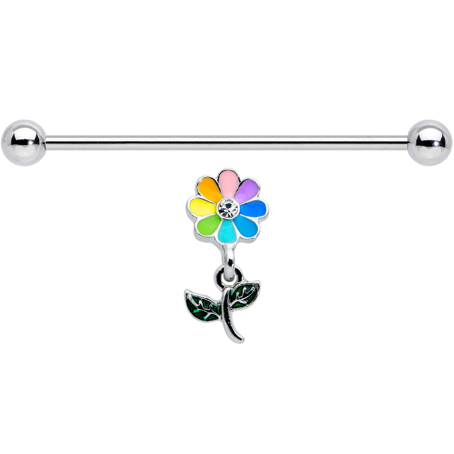 14G Clear Gem Pride Rainbow Flower Dangle Industrial Barbell 38mm