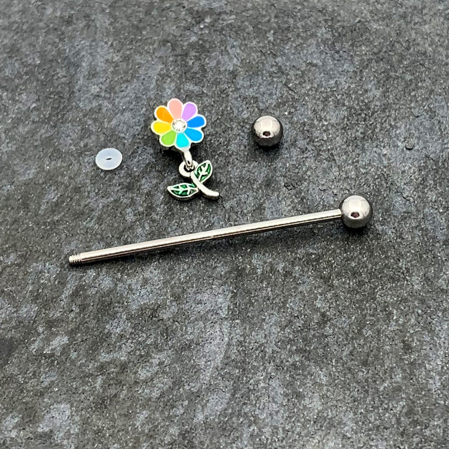 14G Clear Gem Pride Rainbow Flower Dangle Industrial Barbell 38mm