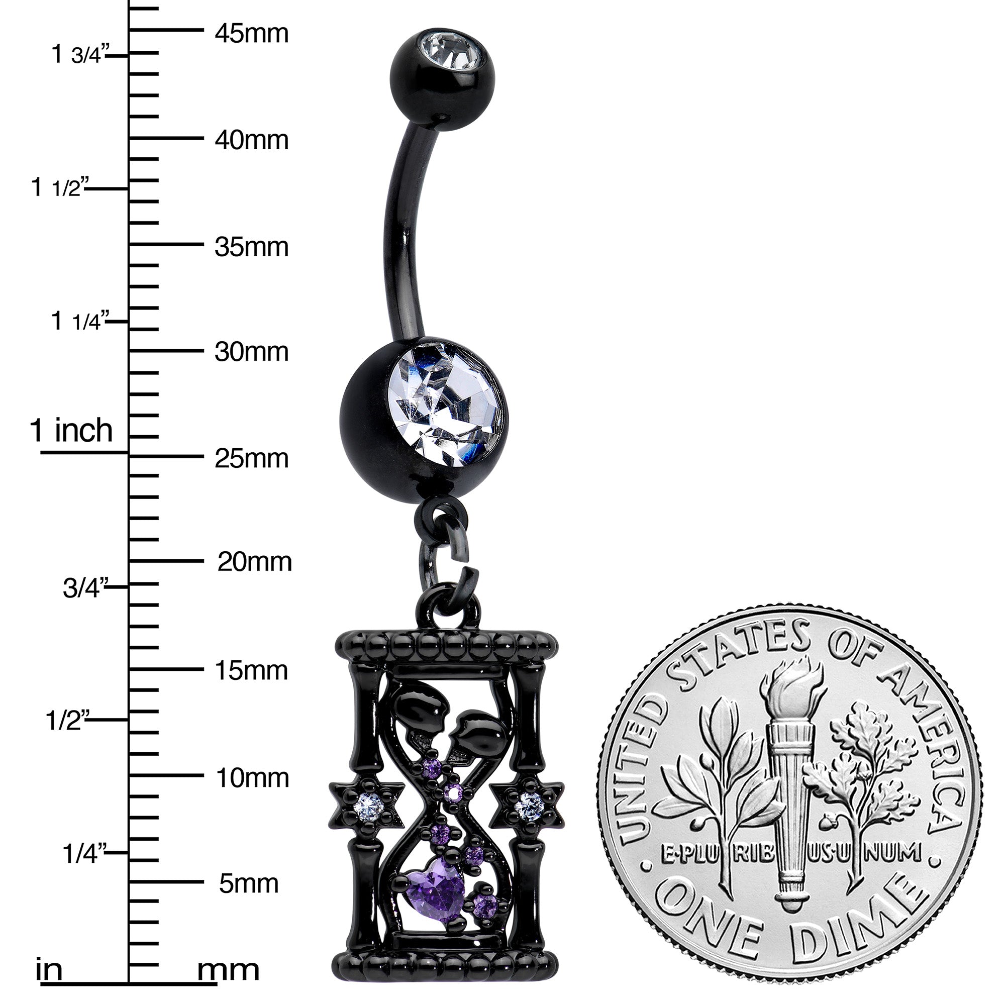 Clear Purple Gem Black Goth Heart Skulls Hourglass Dangle Belly Ring