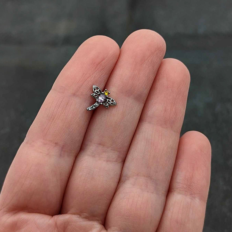 Purple Yellow Clear Gem Dragonfly Barbell Tongue Ring