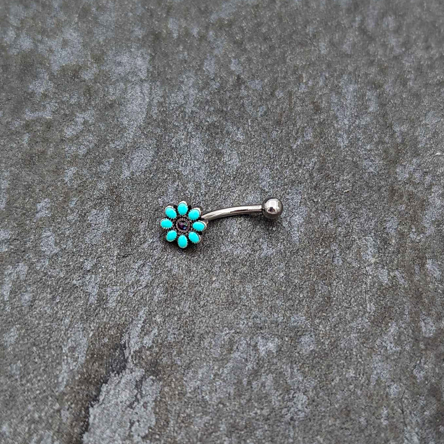 16G 5/16 Blue Gem Flower Teal Petals Curved Eyebrow Ring