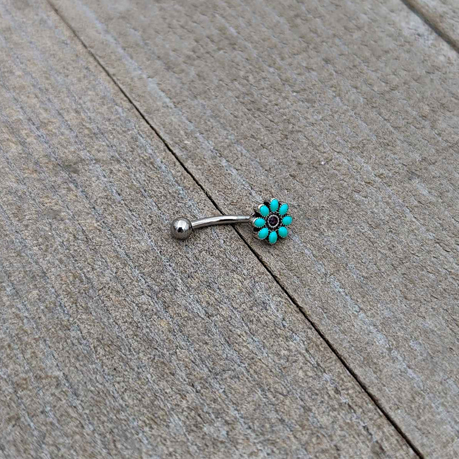 16G 5/16 Blue Gem Flower Teal Petals Curved Eyebrow Ring