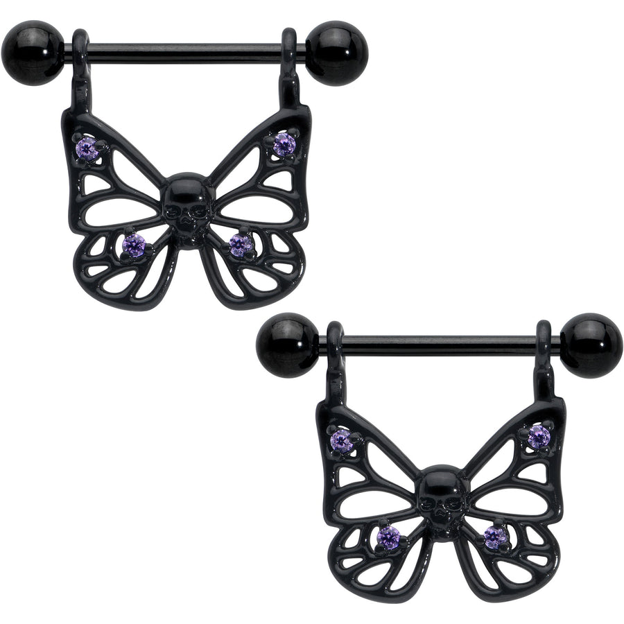 14G 11/16 Purple CZ Gem Black Skull Butterfly Dangle Nipple Ring Set