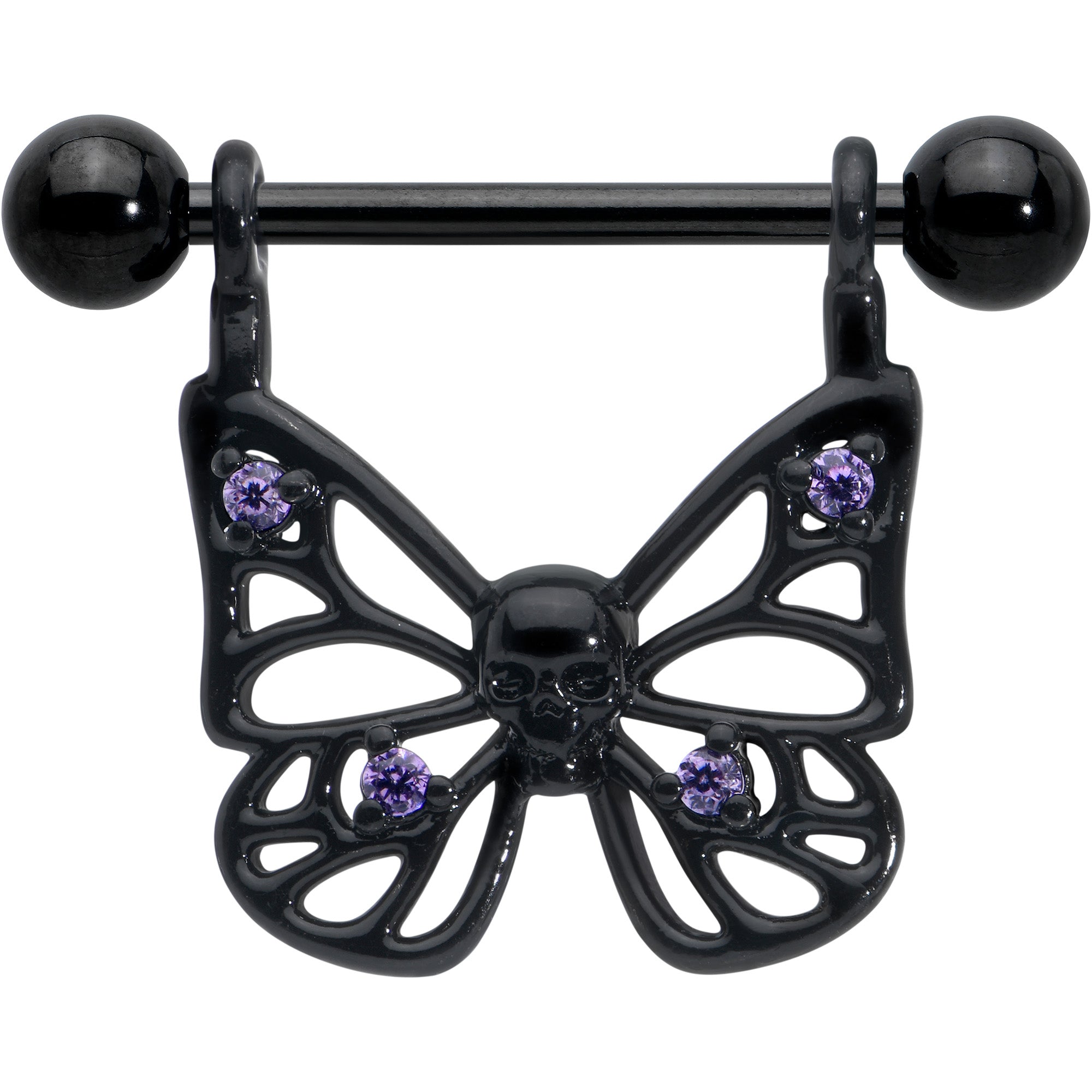 14G 11/16 Purple CZ Gem Black Skull Butterfly Dangle Nipple Ring Set