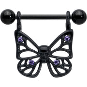 14G 11/16 Purple CZ Gem Black Skull Butterfly Dangle Nipple Ring Set