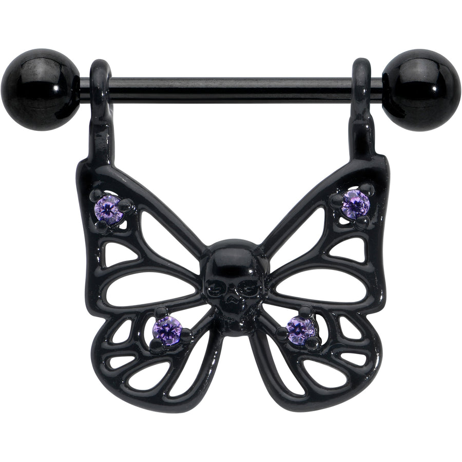 14G 11/16 Purple CZ Gem Black Skull Butterfly Dangle Nipple Ring Set