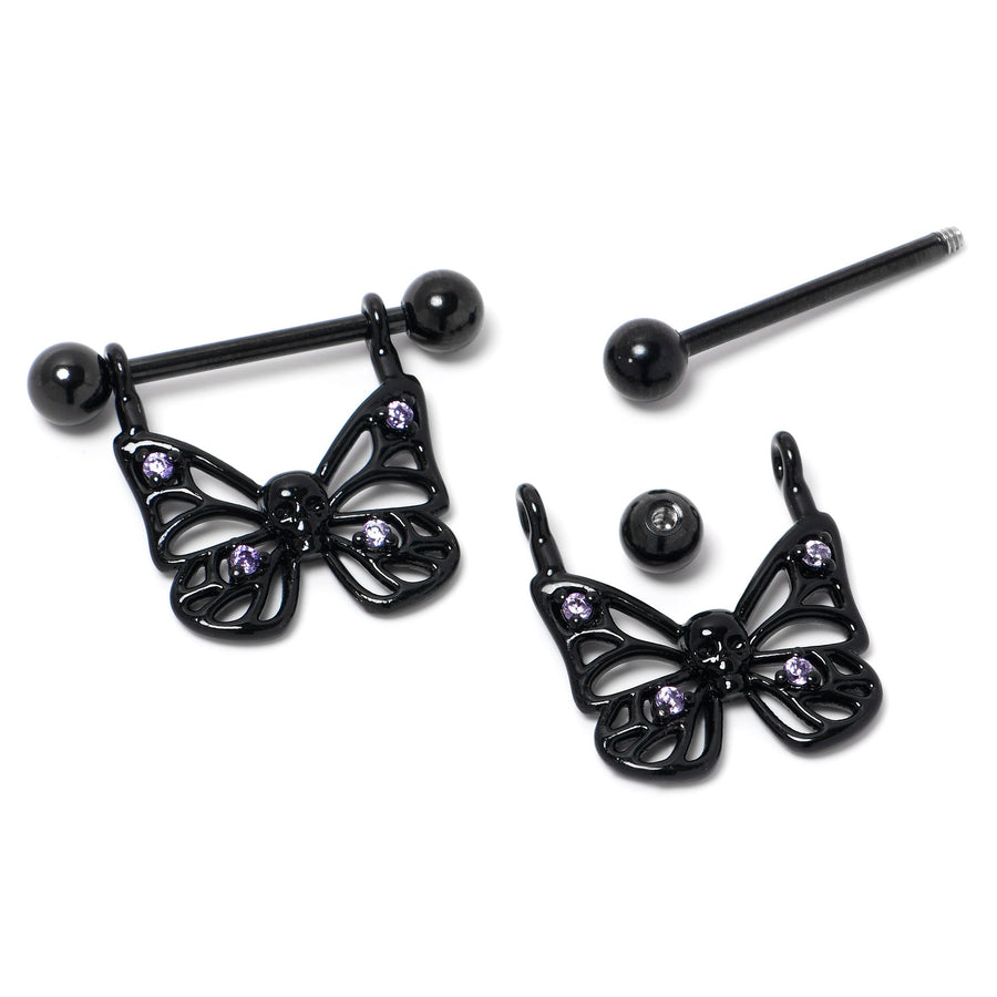 14G 11/16 Purple CZ Gem Black Skull Butterfly Dangle Nipple Ring Set