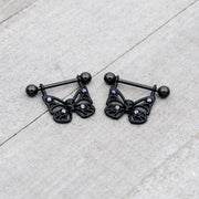 14G 11/16 Purple CZ Gem Black Skull Butterfly Dangle Nipple Ring Set