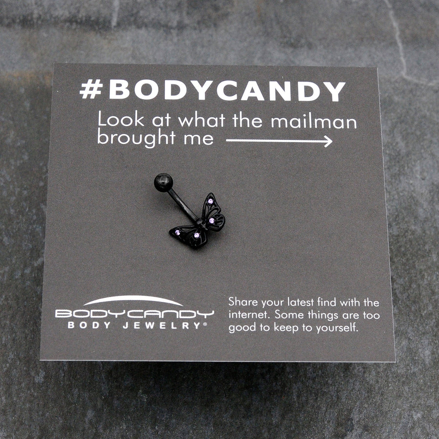 Purple CZ Gem Black Skull Butterfly Belly Ring