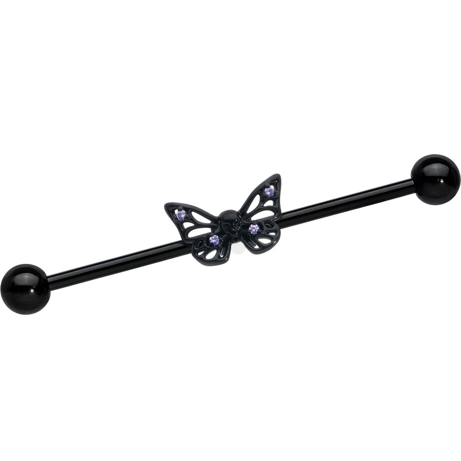 14G Purple CZ Gem Black Skull Butterfly Industrial Barbell 38mm