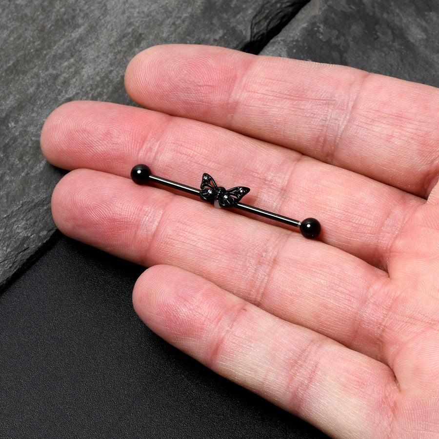 14G Purple CZ Gem Black Skull Butterfly Industrial Barbell 38mm