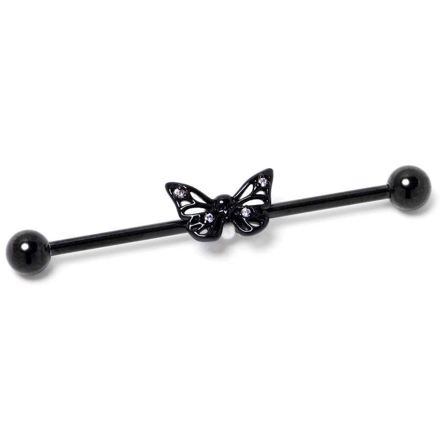 14G Purple CZ Gem Black Skull Butterfly Industrial Barbell 38mm