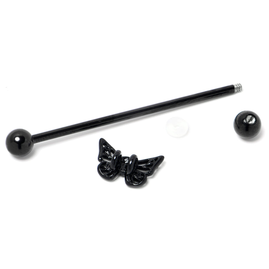 14G Purple CZ Gem Black Skull Butterfly Industrial Barbell 38mm