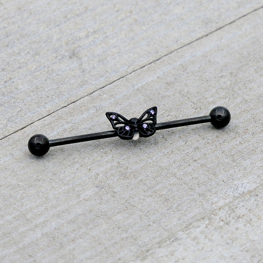 14G Purple CZ Gem Black Skull Butterfly Industrial Barbell 38mm