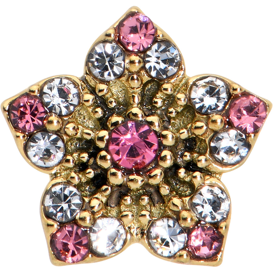 Pink Clear Gem Gold Tone Texture Star Barbell Tongue Ring