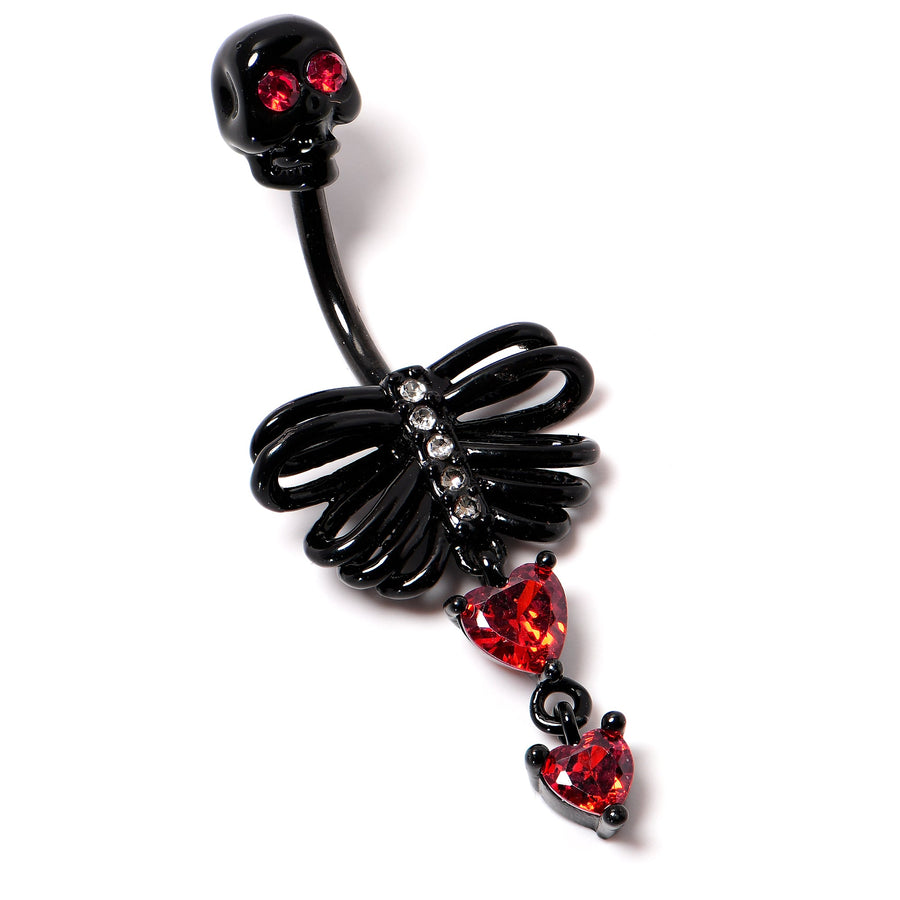 Red CZ Gem Black Skeleton Hearts Gothic Dangle Belly Ring