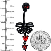 Red CZ Gem Black Skeleton Hearts Gothic Dangle Belly Ring