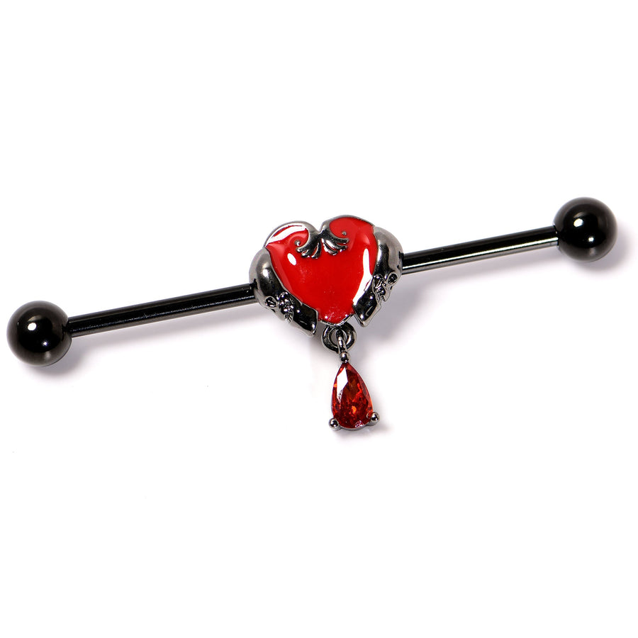 14G Red CZ Gem Black Duo Skull Heart Dangle Industrial Barbell 38mm