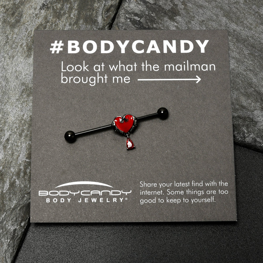 14G Red CZ Gem Black Duo Skull Heart Dangle Industrial Barbell 38mm