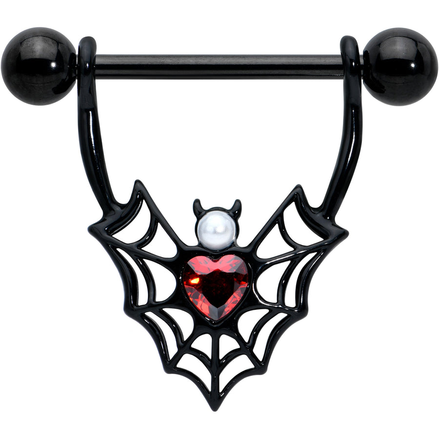 14G 11/16 Red Gem Black Gothic Bat Heart Nipple Shield Set