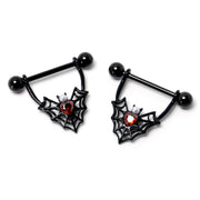 14G 11/16 Red Gem Black Gothic Bat Heart Nipple Shield Set