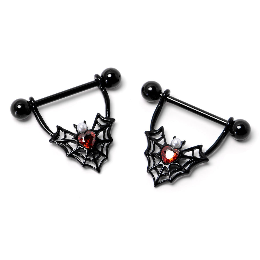 14G 11/16 Red Gem Black Gothic Bat Heart Nipple Shield Set