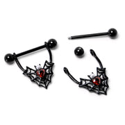 14G 11/16 Red Gem Black Gothic Bat Heart Nipple Shield Set