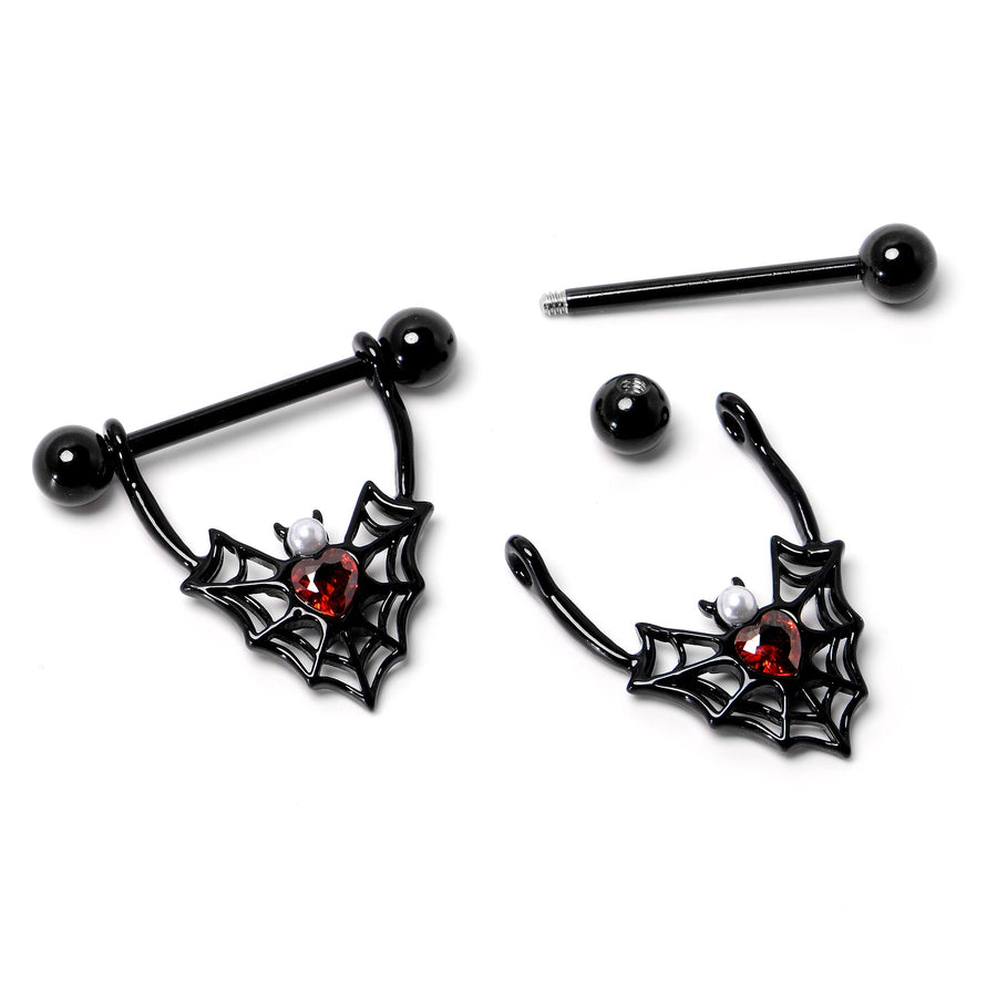 14G 11/16 Red Gem Black Gothic Bat Heart Nipple Shield Set