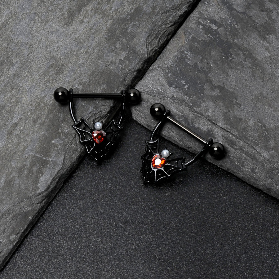 14G 11/16 Red Gem Black Gothic Bat Heart Nipple Shield Set