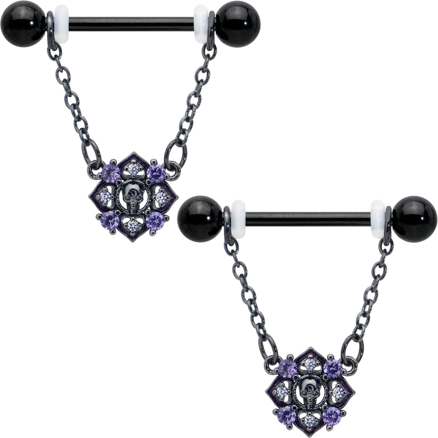 14G 9/16 Purple Gem Black Skull Circle Chain Dangle Nipple Ring Set